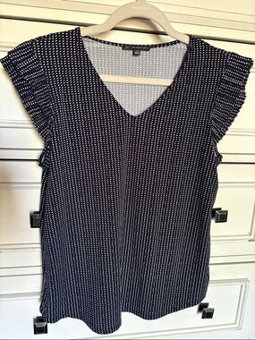 Ann Taylor Navy and White Dot V-Neck Flutter Sleeve Blouse